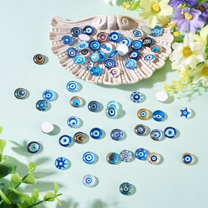 100Pcs 12mm Transparent Evil Eye Glass Cabochons Mixed Blue Eyes Cameo Dome Tiles Flat Back Glass Covered Dome Tiles for DIY Bracelets Necklace Scrapbooking Art Crafts (100 Count)