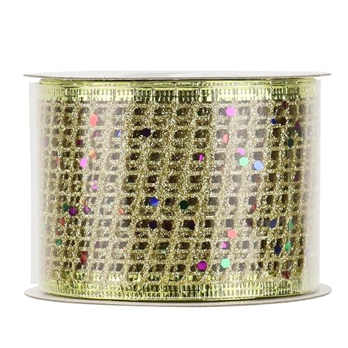 Gold Glitter Christmas Ribbon 2.5 Inch Square Mesh Net Wired Ribbons with Rainbow Sparkle Wired Ribbons Gold Ribbon for Christmas Tree Decoration (30 Foot)