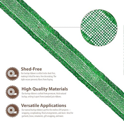 1 Inch Wide Green Wired Burlap Ribbon for Crafts