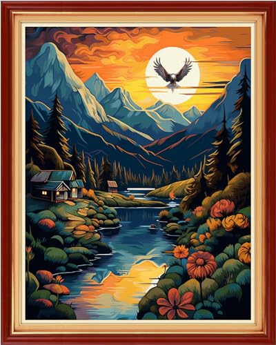 Sunset Scenery 16x20 inch 11CT Embroidery Patterns Art Crafts DIY Needlepoint Kits for Beginners Adults Kids