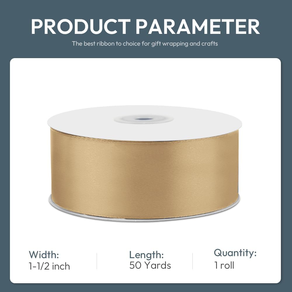 1-1/2" Wide x 50 Yards Champagne Gold Single Faced Polyester Satin Ribbon for Wedding Decor, Wreath, Crafts, Gift Wrapping & Other Projects - Crafty Corner