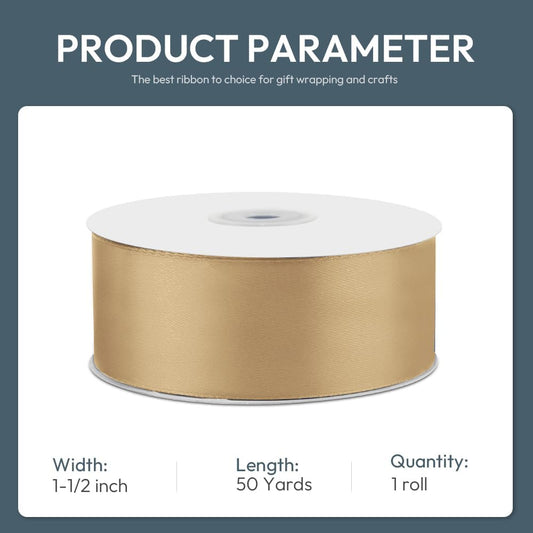 1-1/2" Wide x 50 Yards Champagne Gold Single Faced Polyester Satin Ribbon for Wedding Decor, Wreath, Crafts, Gift Wrapping & Other Projects - Crafty Corner
