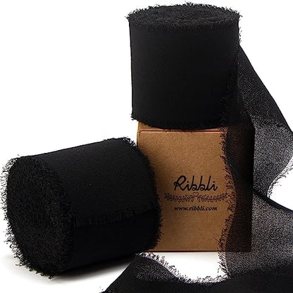 Black Chiffon Ribbon 2 Inch x 20 Yard Handmade Fringe Chiffon Silk Ribbon Black Ribbon for Gifts Wrapping (60 Foot)