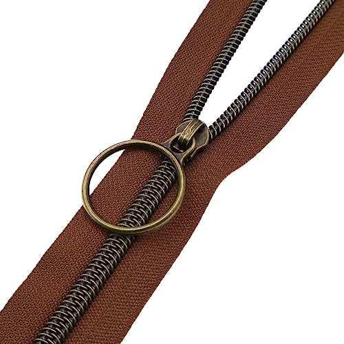 5 Antique Brass Metallic Nylon Coil Zippers by the Yard Bulk 10 Yards with Ring Pulls