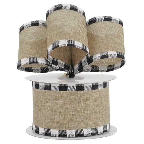 Burlap Christmas Ribbon Wired 2.5 Inch Plaid with Black and White Checkered Edging 10 Yards for Christmas Tree and Wreath Making (30 Foot)