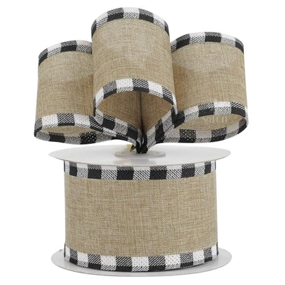 Burlap Christmas Ribbon Wired 2.5 Inch Plaid with Black and White Checkered Edging 10 Yards for Christmas Tree and Wreath Making (30 Foot)