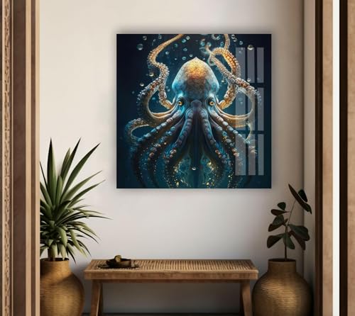 Round 24'' Underwater Blue Octopus Glass Wall Art Tempered Glass Printing Wall Decor Large Wall Art Wall Hangings