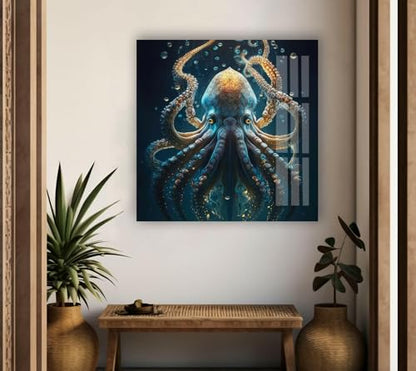 Round 24'' Underwater Blue Octopus Glass Wall Art Tempered Glass Printing Wall Decor Large Wall Art Wall Hangings