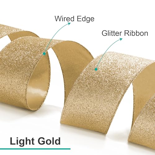 Glitter Wired Ribbon 1.5" x 10 Yards Light Gold for Christmas Home Decor Bow Gift Wrapping DIY Crafts Wreath (30 Foot)