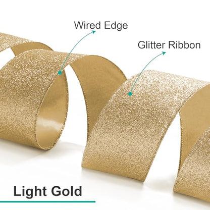 Glitter Wired Ribbon 2.5" x 20 Yards Light Gold for Christmas Home Decor Bow Gift Wrapping DIY Crafts Wreath (60 Foot)