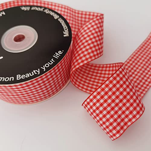 1.5 Inch Red and White Woven Edge 100% Polyester Gingham Ribbon 25 Yards Each Roll (75 Feet)