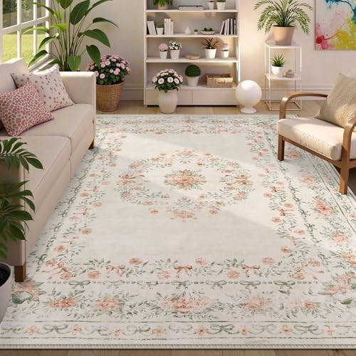 Floral Bow Print Washable 8x10 Rug
