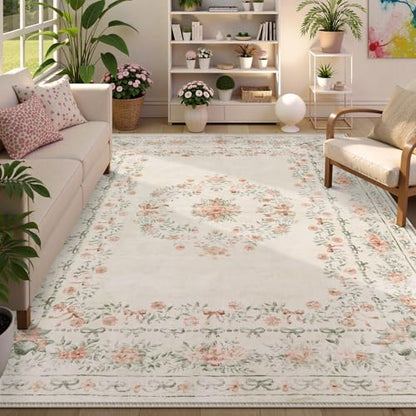 Floral Bow Print Washable 8x10 Rug