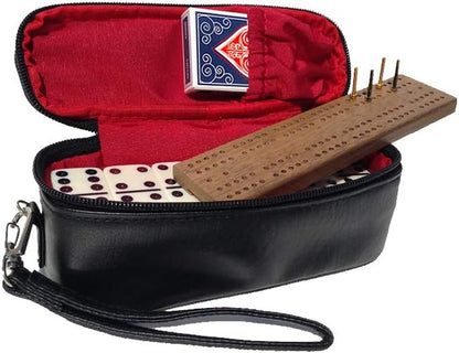 Alex Cramer The Perfect Traveler Classic Domino Set with Leather-Look Travel Case and a Deck of Miniature Playing Cards (Dominoes Set)