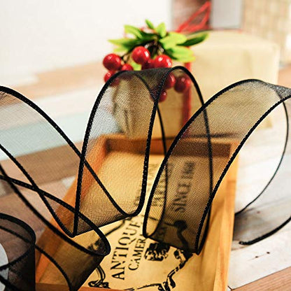 Sheer Organza Wired Ribbon 1.5" x 25 Yards x 2 Rolls Black for Wedding Chair Bow Flora Bouquet Gift Wrapping Christmas Tree Home Decor Wreath (150 Foot)