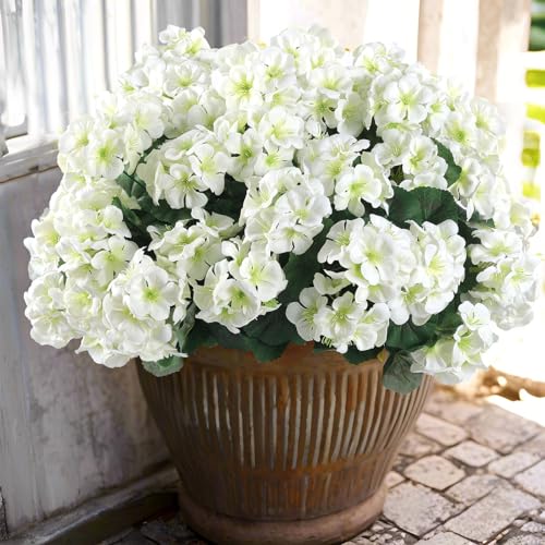 12 Pcs Artificial Geranium Flowers for Outdoors Geranium White Silk Flowers Outdoor UV Resistant Garden Plants Faux Flowers for Home Kitchen Table Centerpieces Decor
