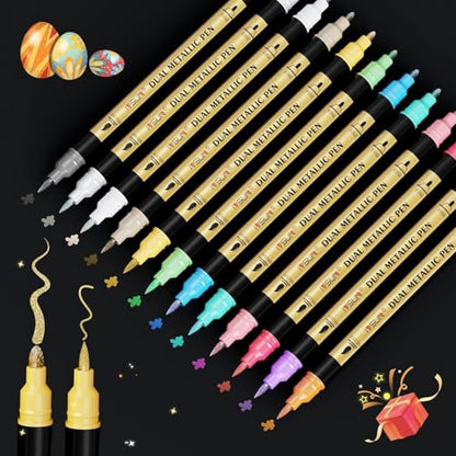 12 Colors Dual Tip Metallic Acrylic Paint Marker pens with Brush & Fine (12 Count)