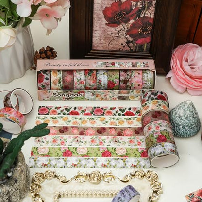 10 Rolls Blooming Flowers Washi Tape Set Floral Arts Adhesive Tapes Colorful Garden Decorative Masking Tape Sets for Craft (10 Count)