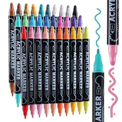 30 Colors Precision Dual Tip Acrylic Paint Markers Pens (30 Count)