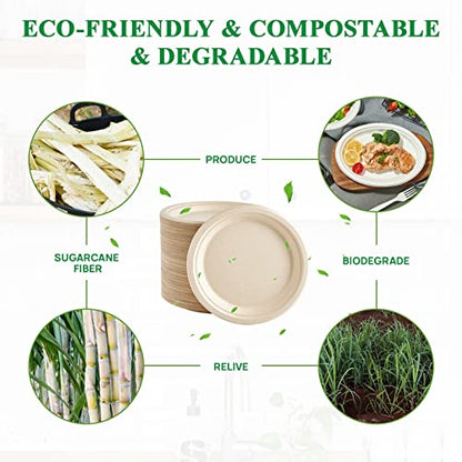500 Pack Compostable Bagasse Paper Plates 9 inch (500 Count)