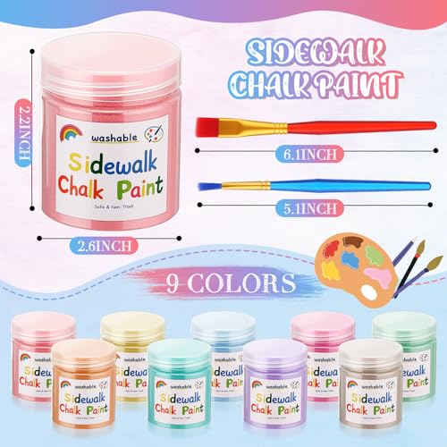 9 Pcs Sidewalk Chalk Non Toxic Paint Kit Washable Powdered Chalks Mix in Water 9 Vibrant Colors with Paintbrush for Creative Sidewalk and Chalkboard Fun (11 Count)