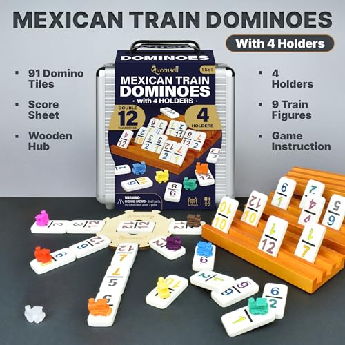 Mexican Train Dominoes Set with Numbers and 4 Holders