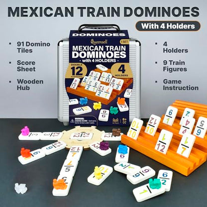 Mexican Train Dominoes Set with Numbers and 4 Holders