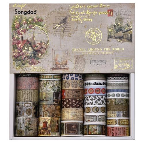 36 Rolls Vintage Washi Tape Pack Retro Arts Adhesive Tapes Wide Chronicle Decorative Masking Tape Sets for Craft (36 Count)