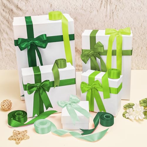 1-1/2 Inch Single-Faced Green Satin Ribbons for Crafts Gift Wrapping Wedding | 6 Rolls Assorted Ribbons for Flower Bouquet Invitations Bridal Shower Hair Bows Garland Party Decor