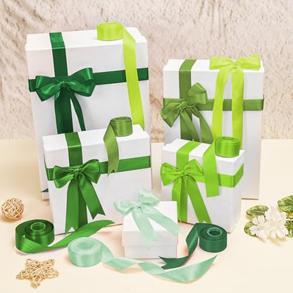 1-1/2 Inch Single-Faced Green Satin Ribbons for Crafts Gift Wrapping Wedding | 6 Rolls Assorted Ribbons for Flower Bouquet Invitations Bridal Shower Hair Bows Garland Party Decor