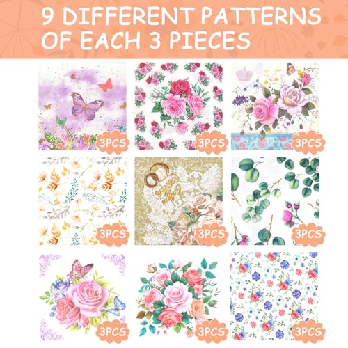 Decoupage Napkins Assorted Floral 27 Pack 9 Styles for DIY Crafting Birthday Party (27 Count)