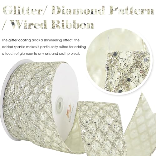 Glitter Champagne Wired Christmas Ribbon 2.5 inch x 10 Yards (30 Foot)