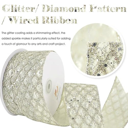 Glitter Champagne Wired Christmas Ribbon 2.5 inch x 10 Yards (30 Foot)