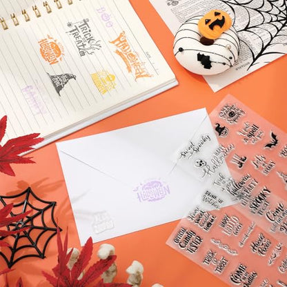 4 Sheets Halloween Clear Stamps Greeting Words Pumpkin Bat Silicone Transparent Stamps Happy Halloween Stamp Cards for DIY Crafts Card Making Scrapbooking Embossing Album Decor (4 Count)