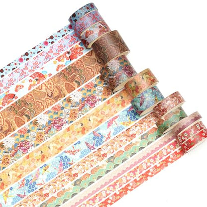 12 Rolls Kyoto Charm Washi Tape Set Japanese Arts Adhesive Tapes Geometric Garden Decorative Masking Tape Sets for Craft