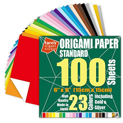 Taro's Origami Studio] Standard 6 Inch One Sided 23 Colors 100 Sheets Square Easy Fold Premium Japanese Paper for Beginner