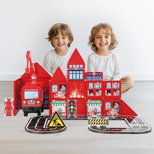 Fire Station Magnetic Tiles Set 60PCS (60 Count)
