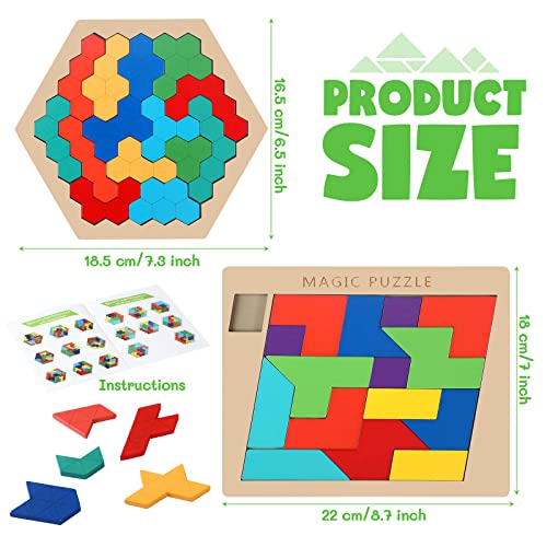 3 Pack Large Wooden Blocks Puzzles Hexagon Tangram Puzzle Wooden Russian Brain Puzzles for Adult Challenge Teasers Geometric Jigsaw Logic Iq STEM Educational Gift Graduation (3 Count)