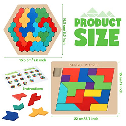 3 Pack Large Wooden Blocks Puzzles Hexagon Tangram Puzzle Wooden Russian Brain Puzzles for Adult Challenge Teasers Geometric Jigsaw Logic Iq STEM Educational Gift Graduation (3 Count)