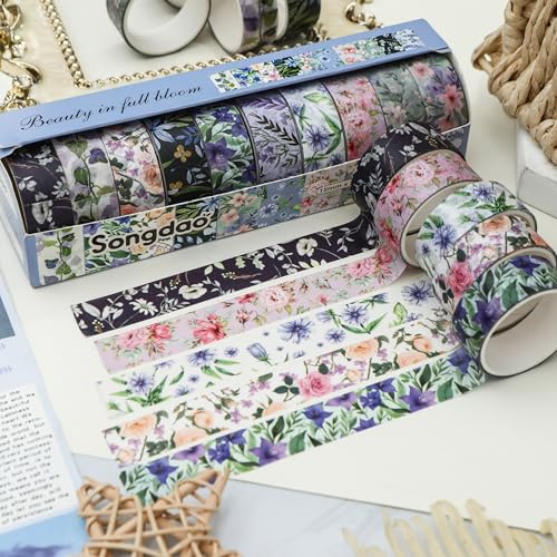 10 Rolls Blooming Flowers Washi Tape Set Floral Arts Adhesive Tapes Colorful Garden Decorative Masking Tape Sets for Craft (10 Count)