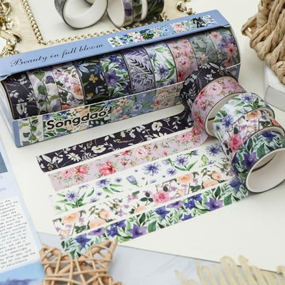 10 Rolls Blooming Flowers Washi Tape Set Floral Arts Adhesive Tapes Colorful Garden Decorative Masking Tape Sets for Craft (10 Count)