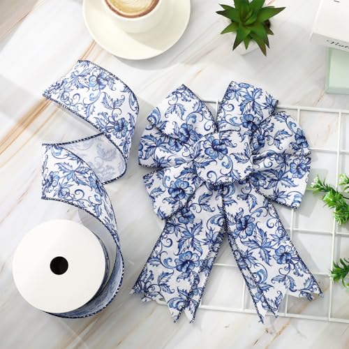 Blue White Floral Wired Edge Ribbon Roll Vintage Watercolor Flower Craft Ribbon Chinoiserie Fabric Ribbons for Wreath Bow Making DIY Craft Wrapping Party Supplies