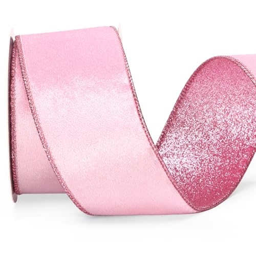 Pink Velvet Wired Ribbon 2.5 Inch Pink Velvet with Glitter Christmas Ribbon for Christmas Tree Decoration Big Bow Gift Wrapping Crafts Wreaths Supplies (30 Foot)