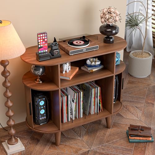 Large Round Record Player Stand with Charging Station & USB Ports