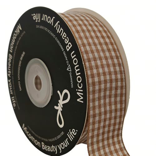 Khaki and White Woven Edge Plaid Checkered Bufflo Ribbon 100% Polyester Gingham Ribbon 25 Yards Each Roll (75 Foot)