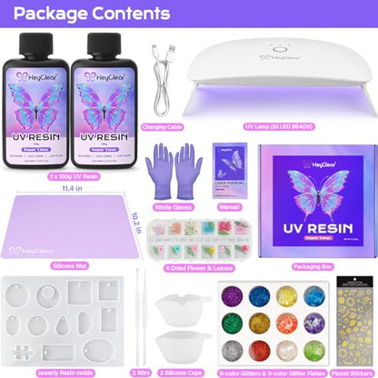 UV Resin Molds Kit 200g with Large UV Light for Jewelry Making