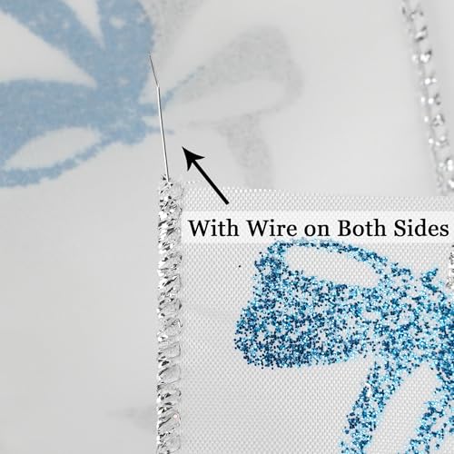 Blue and Silver Christmas Ribbon 2.5 Inch White Satin Ribbons with Turqupise and Silver Glittery Bows Pattern 10 Yards Christmas Wired Ribbon for Tree (30 Foot)