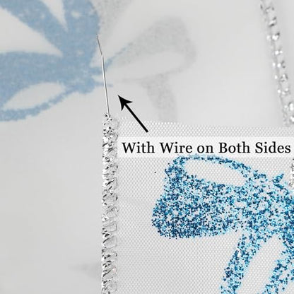 Blue and Silver Christmas Ribbon 2.5 Inch White Satin Ribbons with Turqupise and Silver Glittery Bows Pattern 10 Yards Christmas Wired Ribbon for Tree (30 Foot)