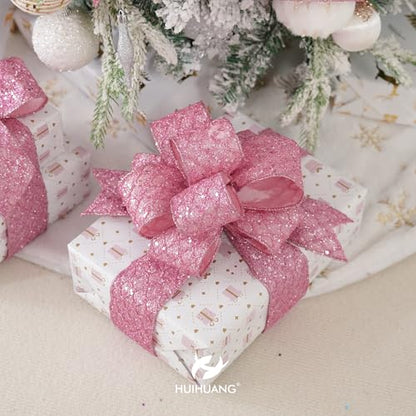 Pink Glitter Diamond Wired Christmas Ribbon 4 inch x 10 Yards (30 Foot)