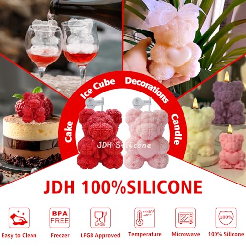 2 Pack Mini 3D Rose Bear Silicone Molds for Candle Resin Chocolate DIY